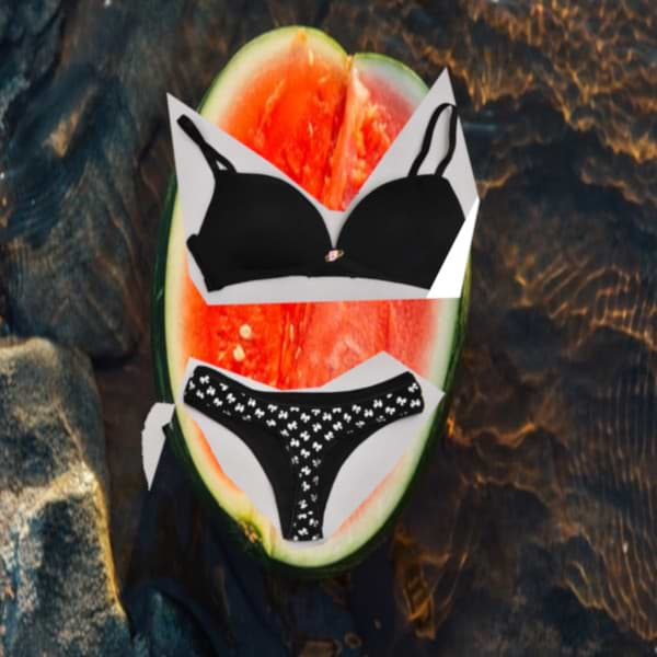 A picture of a cut open watermelon with poorly photoshopped panties and bra